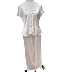 Vintage Dentelle Pink Satin Bridal Pajama Set Floral Lace Two Piece Sleepwear M